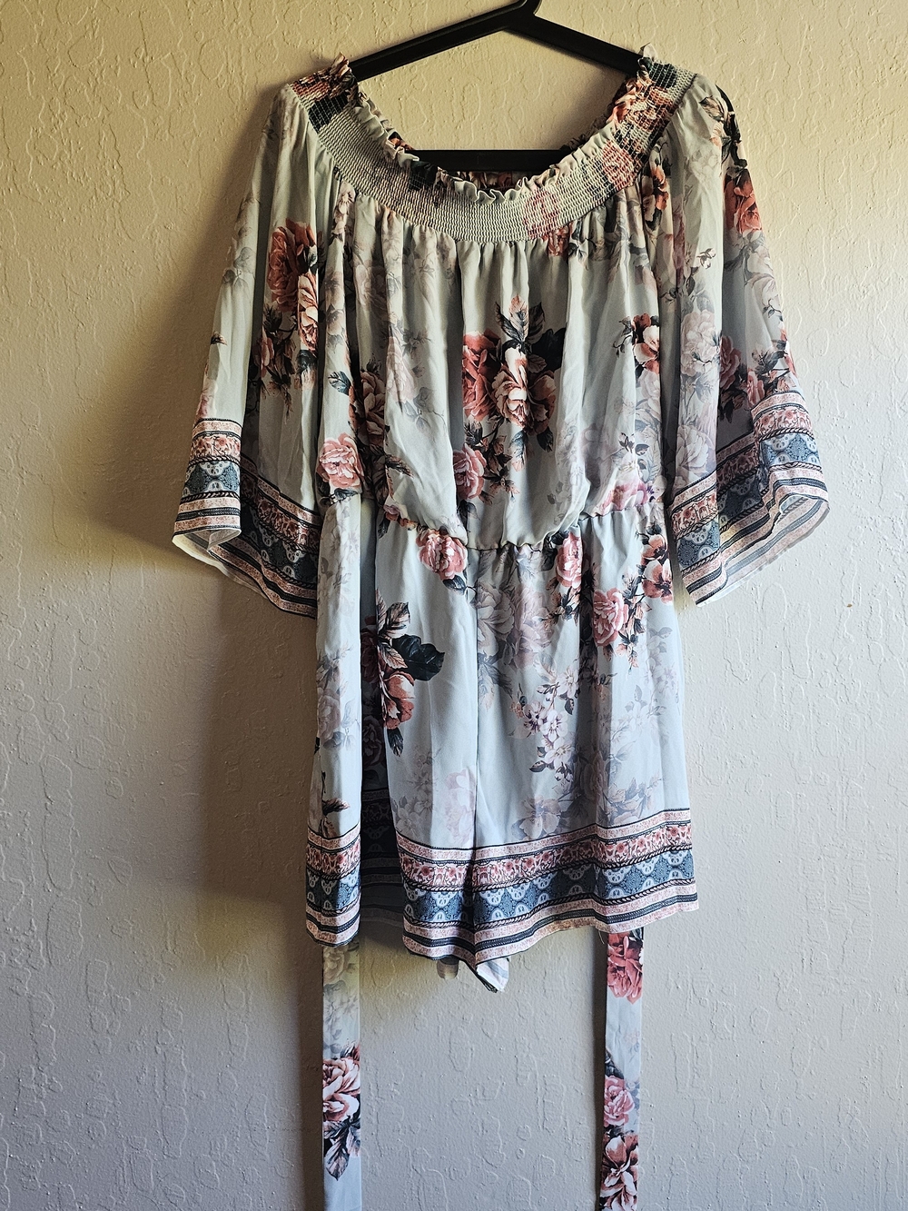 Floral Off-Shoulder Romper in Light Blue with Pink Roses